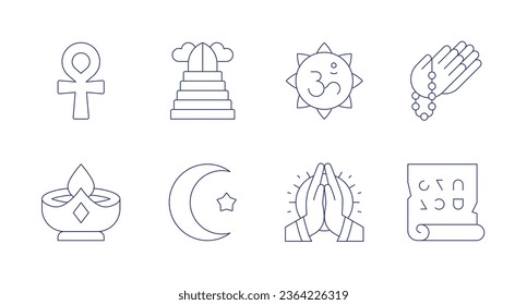 Spirituality icons. Editable stroke. Containing ankh, candle, heaven, islam, ohm, pray, scripture.