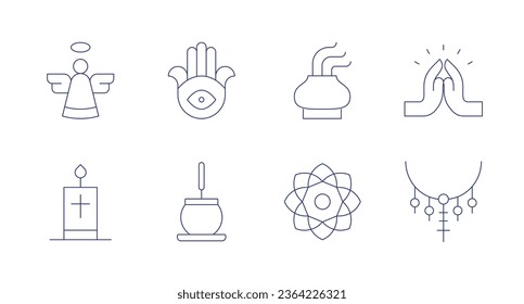 Spirituality icons. Editable stroke. Containing angel, candle, hamsa, incense, incense stick, mandala, pray, rosary.