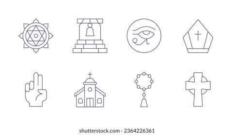 Spirituality icons. Editable stroke. Containing anahata, bell, blessing, church, horus eye, mala, pope crown, religion.