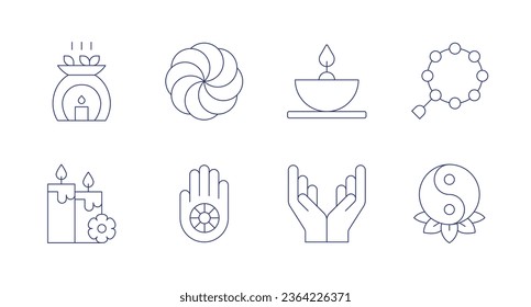 Spirituality icons. Editable stroke. Containing aromatherapy, candles, hetanism, jainism, oil lamp, praying, tibetan, yin yang.