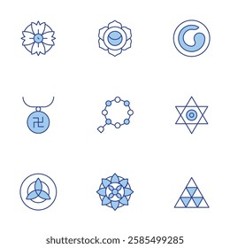 Spirituality icons set. Line Duotone style, editable stroke. holy trinity, locket, mandala, pythagoreanism, star, svadhisthana, tibetan, zen.