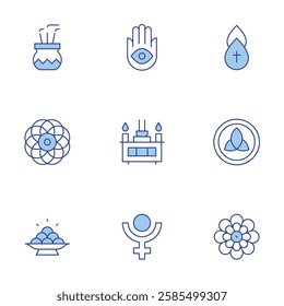 Spirituality icons set. Line Duotone style, editable stroke. fruits, hamsa, holy water, incense, mandala, spiritual, triqueta, worship.