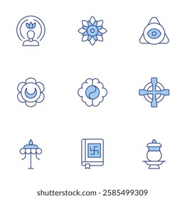 Spirituality icons set. Line Duotone style, editable stroke. celtic cross, god, mandala, parasol, spirit, svadhishthana, vedas, water bowl, yin yang.