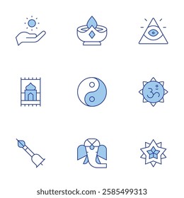 Spirituality icons set. Line Duotone style, editable stroke. candle, caodaism, ganesha, mandala, mat, ohm, spiritual, tibetan, yin yang symbol.