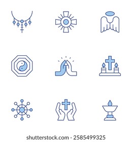 Spirituality icons set. Line Duotone style, editable stroke. angel, butter lamp, cross, dharma, faith, pray, rosary, taoism.