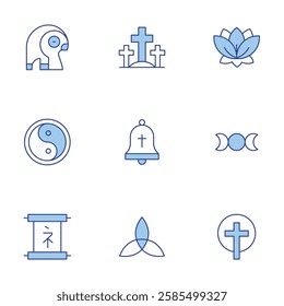 Spirituality icons set. Line Duotone style, editable stroke. bell, cross, easter, holy trinity, lotus, parchment, ra, wicca, yin yang.