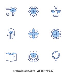 Spirituality icons set. Line Duotone style, editable stroke. angel, bible, eye of ra, faith, hamsa, mandala, rosary, spiritual.