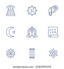 Spirituality icons set. Thin Line style, editable stroke. heaven, islam, mandala, ohm, pray, scripture, scroll, star of david.