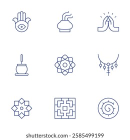 Spirituality icons set. Thin Line style, editable stroke. hamsa, incense, incense stick, mandala, pray, rosary, spiritual.