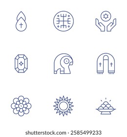 Spirituality icons set. Thin Line style, editable stroke. faith, fruits, holy water, magic, mandala, polish native church, ra, spiritual, stole.