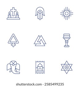 Spirituality icons set. Thin Line style, editable stroke. faith, ganesha, goblet, hamsa, mat, native, star, sulfur, valknut.