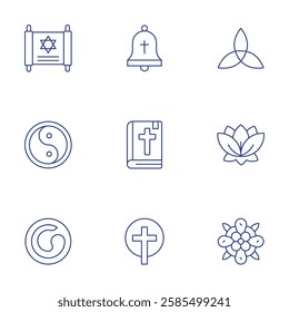 Spirituality icons set. Thin Line style, editable stroke. bell, christian, easter, holy trinity, lotus, mandala, torah, yin yang, zen.