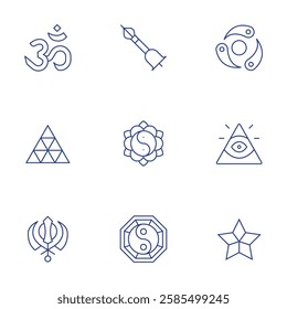 Spirituality icons set. Thin Line style, editable stroke. ayurveda, caodaism, druze, om, pythagoreanism, sikhism, tibetan, yin yang.