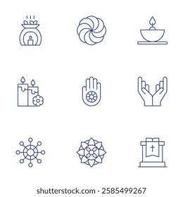 Spirituality icons set. Thin Line style, editable stroke. aromatherapy, candles, dharma, hetanism, jainism, mandala, oil lamp, praying, sermon.