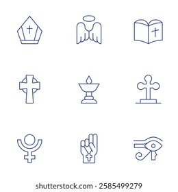 Spirituality icons set. Thin Line style, editable stroke. angel, bible, butter lamp, cross, eye of ra, pope crown, religion, spiritual.