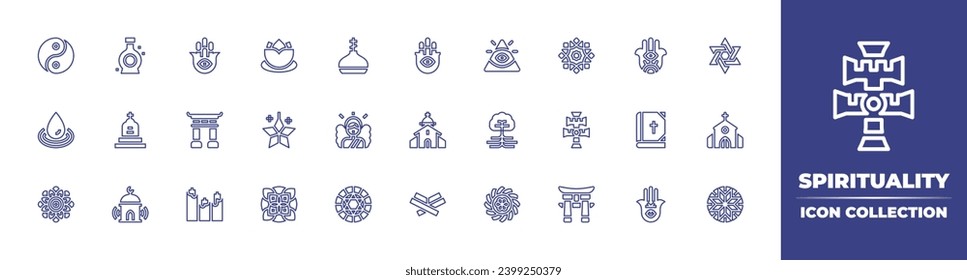 Spirituality line icon collection. Editable stroke. Vector illustration. Containing yin yang, lotus flower, caodaism, star of david, water drop, star, tree of life, church, mandala, unguent, grave.
