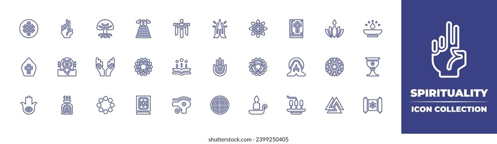 Colección de iconos de línea de espiritualidad. Trazo editable. Ilustración vectorial. Conteniendo árbol de la vida, rezando, ayyavazhi, jainismo, mandala, abalorio, isés, valknut, nudo interminable, cielo, sahasrara.