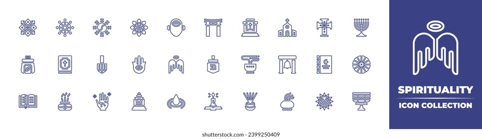 Colección de iconos de línea de espiritualidad. Trazo editable. Ilustración vectorial. Con mandala, sermón, menorah, aromaterapia, hamsa, té, rueda dharma, biblia, reliquia, karma, bautismo, tercer ojo.