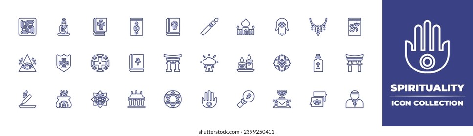 Spirituality line icon collection. Editable stroke. Vector illustration. Containing buddha, bible, hamsa, templar, temple, mandala, aromatherapy, star of david, menorah, candle, rosary, cross.