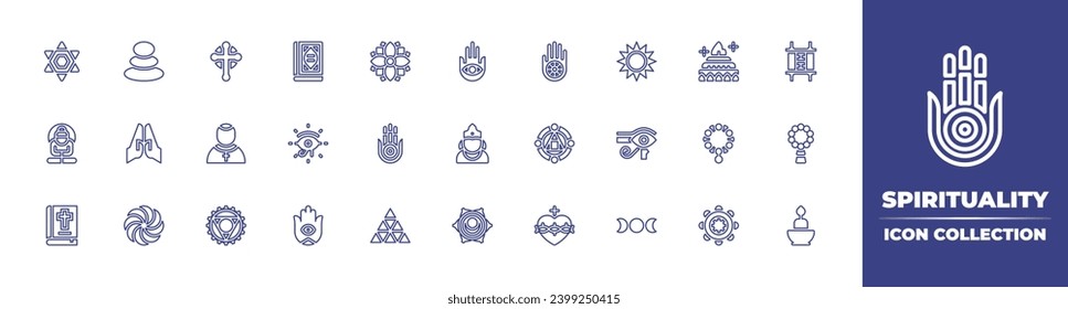 Colección de iconos de línea de espiritualidad. Trazo editable. Ilustración vectorial. Conteniendo piedras, mandala, bienestar espiritual, orar, hamsa, ojo de ra, retanismo, pitagoreanismo, wicca, cruz, yajna, sacerdote.