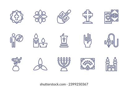 Spirituality line icon set. Editable stroke. Vector illustration. Containing mandala, candles, holy trinity, spinning top, lectern, menorah, rosary, religion, incense, cross, om, ouija, tarot.