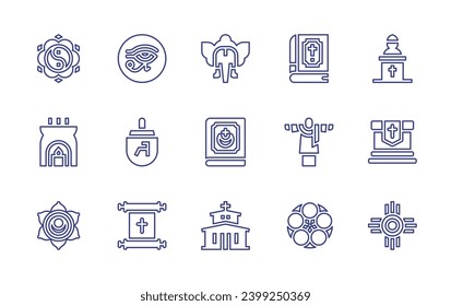 Spirituality line icon set. Editable stroke. Vector illustration. Containing horus eye, spinning top, scroll, yin yang, aromatherapy, svadhishthana, ganesha, quran, church, bible, mass, prayer, lecter