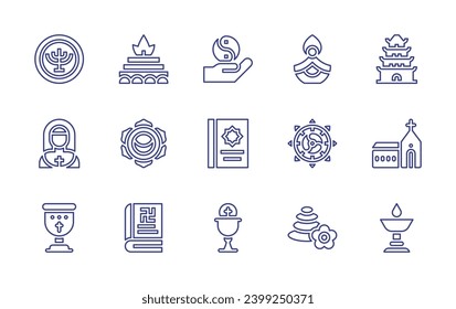 Spirituality line icon set. Editable stroke. Vector illustration. Containing yin yang, quran, host, hanukkah, nun, goblet, candle, buddhism, balance, yajna, svadhisthana, pagoda, scripture, church.