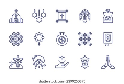 Spirituality line icon set. Editable stroke. Vector illustration. Containing church, mandala, cross, aroma, bible, pray, star of david, rosary, god, scroll, meditation, offering, dream catcher.