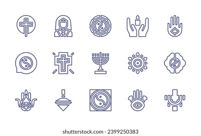 Spirituality line icon set. Editable stroke. Vector illustration. Containing candle, mandala, hamsa, nun, cross, spinning top, yin yang, menorah, easter.