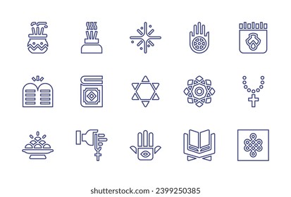 Spirituality line icon set. Editable stroke. Vector illustration. Containing holy, jainism, star of david, mandala, hamsa, quran, incense, aroma, ten commandments, fruits, praying, calendar, rosary.