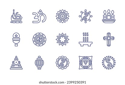 Juego de iconos de la línea de espiritualidad. Trazo editable. Ilustración vectorial. Conteniendo mandala, yin yang, serpiente, anfitrión, oculto, incienso, muladhara, velas, cruz, om, vajra.