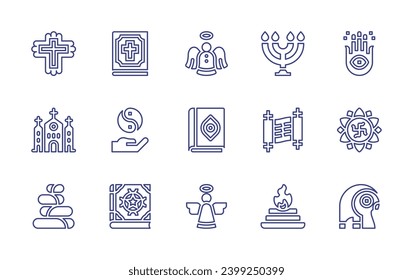 Spirituality line icon set. Editable stroke. Vector illustration. Containing hamsa, mandala, ra, angel, quran, menorah, torah, fire, cross, bible, church, yin yang, stones, spellbook.
