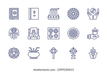 Spirituality line icon set. Editable stroke. Vector illustration. Containing mandala, host, bible, worship, incense burner, yin yang, candle, hamsa, quran, vishuddha, incense, oratory, presbyterian.