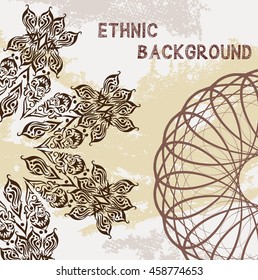Spirograph background. Clipping mask. You can move elements. A4 gift card template. Bohemian circular design. Tribal mandala. Sacred geometry banner.