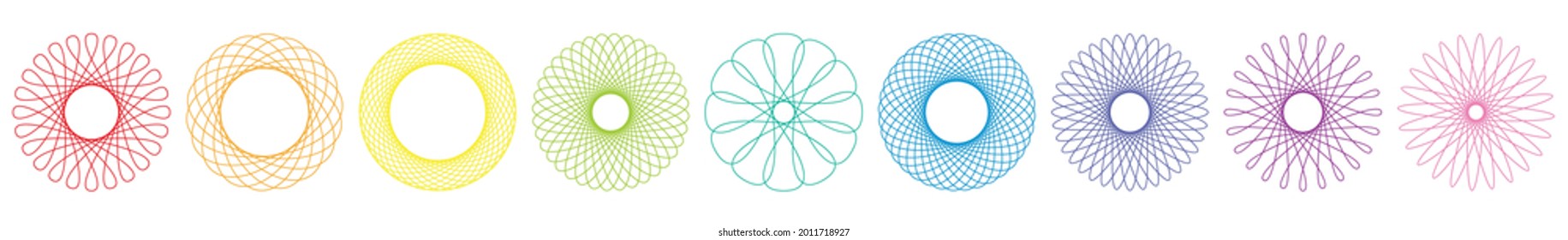 Spirograph graphic flowers, colorful different geometric circular patterns. Isolated vector illustration on white background.
