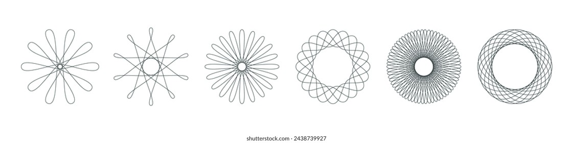 Spirograph graphic shape. Different geometric circular patterns. Isolated vector illustration
