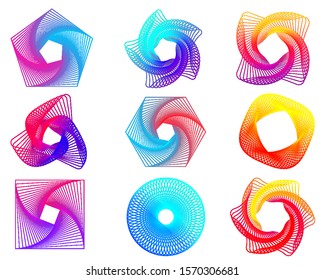 Spirograph patterns set. Twisted lines abstract shapes. Guilloche frames for certificate, diploma, money, official documents watermarks. Guilloche patterns, intricacy lines, spirograph twisted shapes
