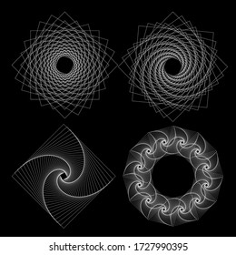 Spirograph patterns set. Twisted lines abstract shapes. Guilloche frames for certificate, diploma, money, official documents watermarks. Guilloche patterns, intricacy lines, spirograph twisted shapes