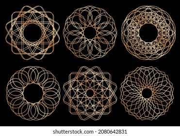 Spirograph patterns set. Twisted lines abstract shapes. Guilloche frames for certificate, diploma, money, official documents watermarks. Guilloche pattern, intricacy line elements, spirograph shapes
