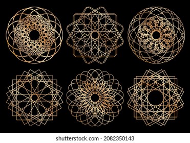 Spirograph patterns set. Twisted lines abstract shapes. Guilloche frames for certificate, diploma, money, official documents watermarks. Guilloche pattern, intricacy line elements, spirograph shapes
