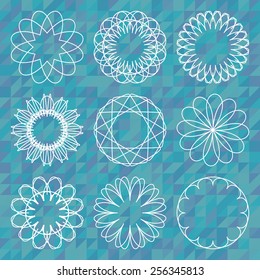 Spirograph round ornament set over polygonal background. Set of spirograph design elements. 
