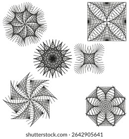 Spirograph shapes set. Radial abstract elements. Geometric pattern pack. Vector decorative forms.
