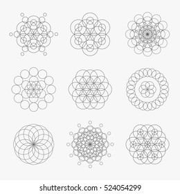 Spirograph snowflakes. Circle geometric shapes. Linear mandalas. Sacred patterns. Vector set