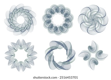 Spirograph vector pattern set. Abstract line watermarks collection. Vector Guilloche elements set for certificate, diploma, banknote, money design, invitation, badge