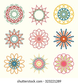 Spirograph wireframe various forms and colors isolated vector set