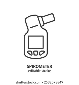 Icono de la línea del espirómetro. Dispositivo médico para medir el volumen de aire que sale de los pulmones.  Las Imágenes se crean sin el uso de ningún software de inteligencia artificial en ninguna etapa.