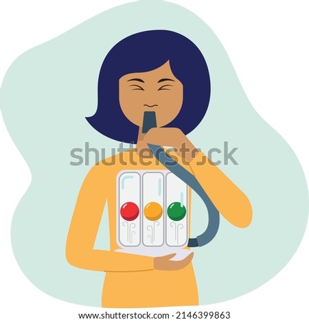 Spirometer. Woman using a spirometer. Healthy lungs. Medical device. Incentive spirometer. Vector illustration. Latin woman 