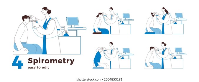 Espirometría colección de Ilustraciones vectoriales en blanco y negro. Especialistas médicos y pacientes que realizan pletismografía y espirometría de todo el cuerpo en el consultorio médico o laboratorio. 