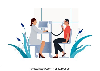 Spirometry. Modern Flat Vector Illustration. Medical Specialist with Male Patient Perform Spirometry in Laboratory or Office. Website Banner Template. 