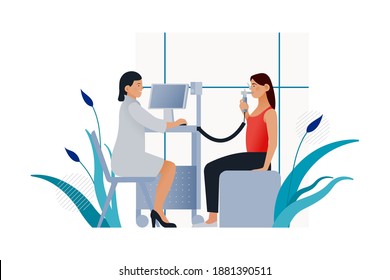 Spirometry. Modern Flat Vector Illustration. Medical Specialist with Female Patient Perform Spirometry in Laboratory or Office. Website Banner Template. 